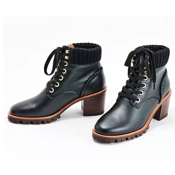 New Jack Rogers Harper Leather Lace Up‎ Hiker Knit Block Heel Boots Black Sz 10M - Picture 1 of 7
